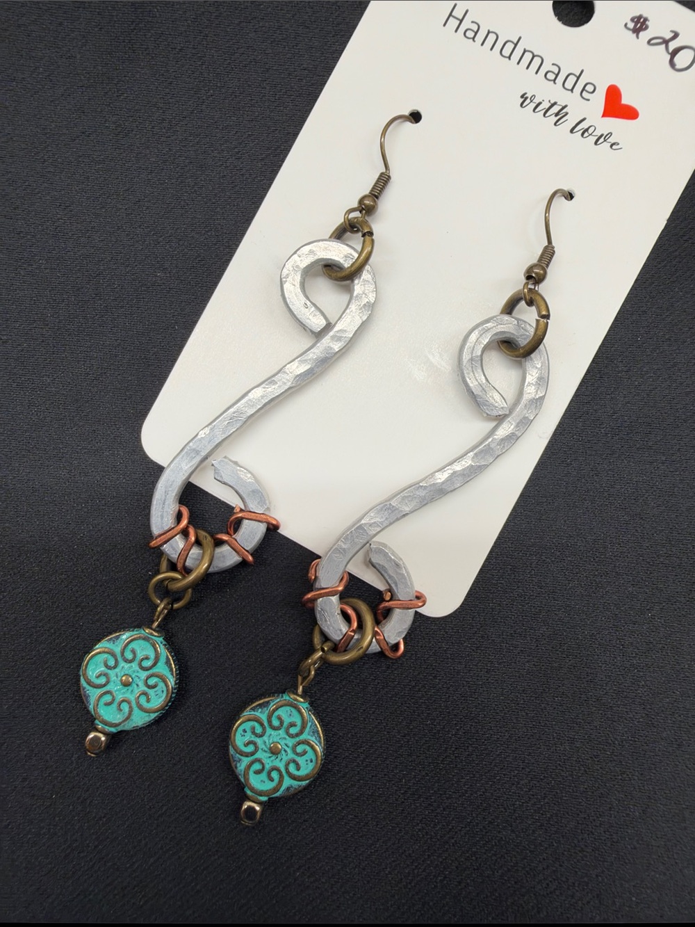 Hammered Aluminum Handmade Earrings- Beautiful Patina Accent Bead